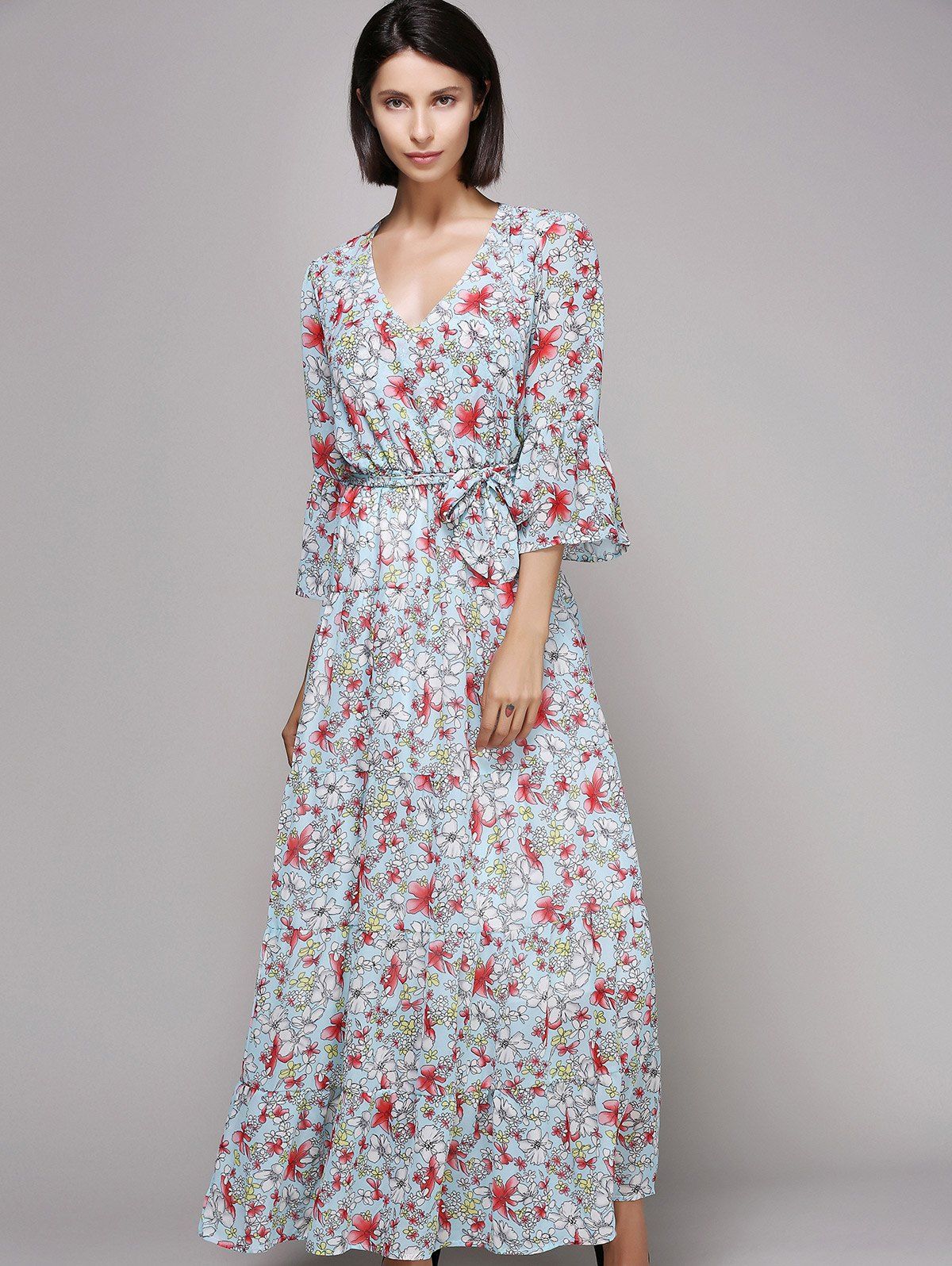 [59% OFF] Bell Sleeve Maxi Floral Beach Swing Dress | Rosegal