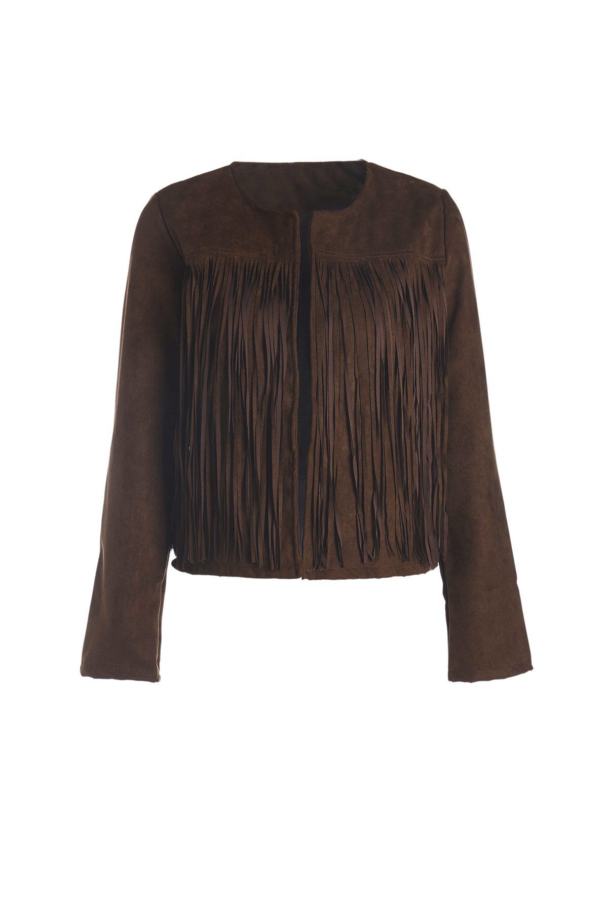Trendy Stylish Round Neck Long Sleeve Solid Color Fringed Women's Jacket  