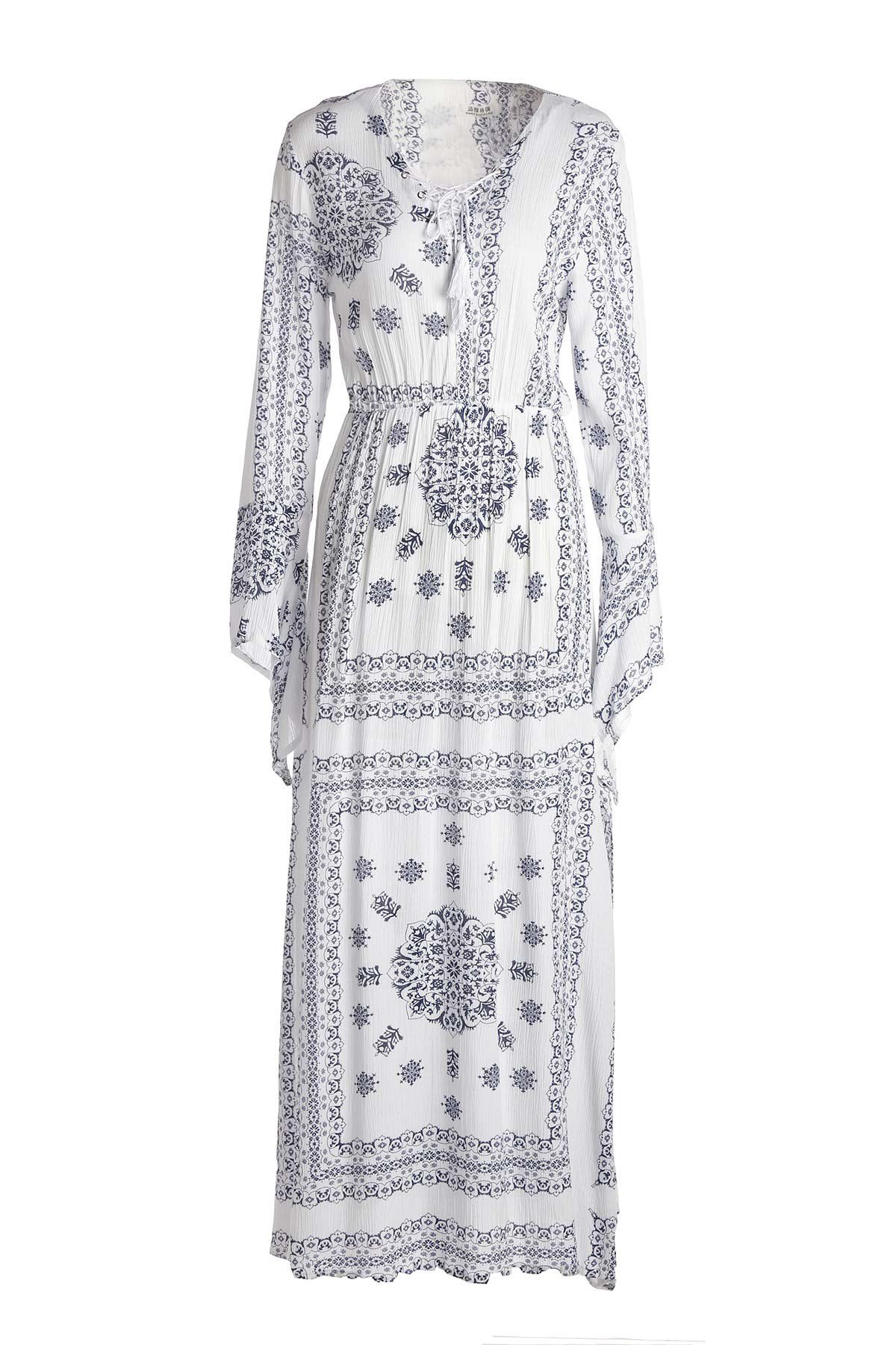 

Floral Flare Long Sleeve Maxi Flowy Dress, Grey and white