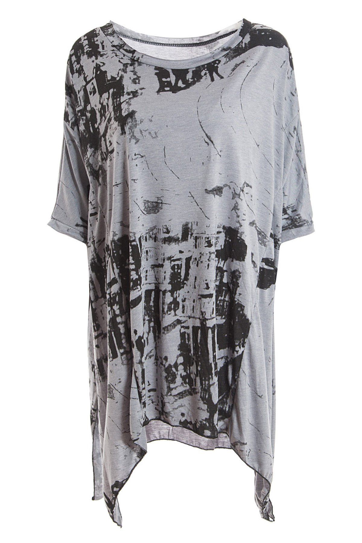 

Casual Scoop Neck Short Sleeve Printed Asymmetrical Chiffon Women's Blouse, Gray