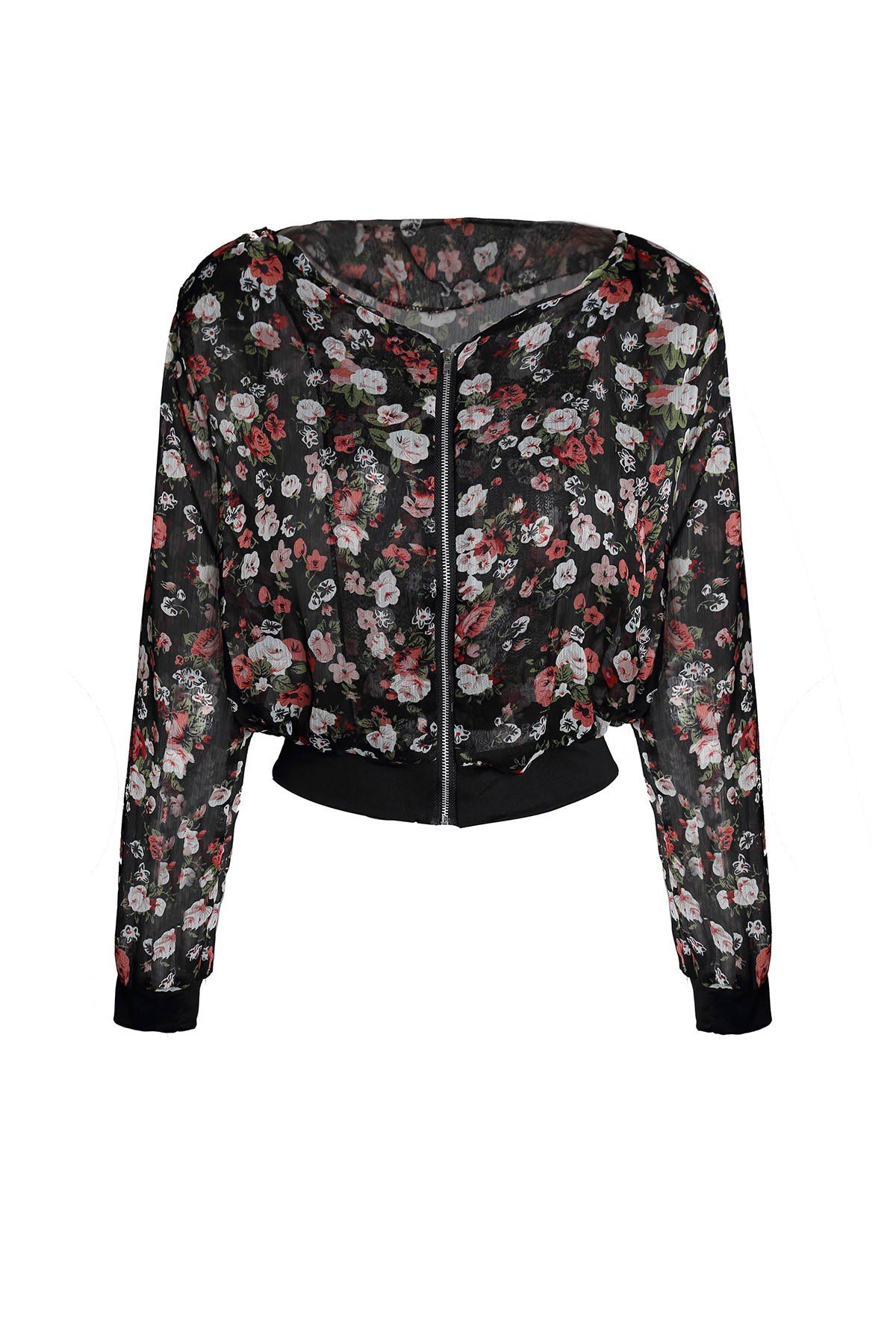 2018 Stylish Scoop Neck Fl Print Zipper Shoulder Pad Chiffon Stylish Scoop Neck Fl Print Zipper Shoulder Pad Chiffon Women S Coat