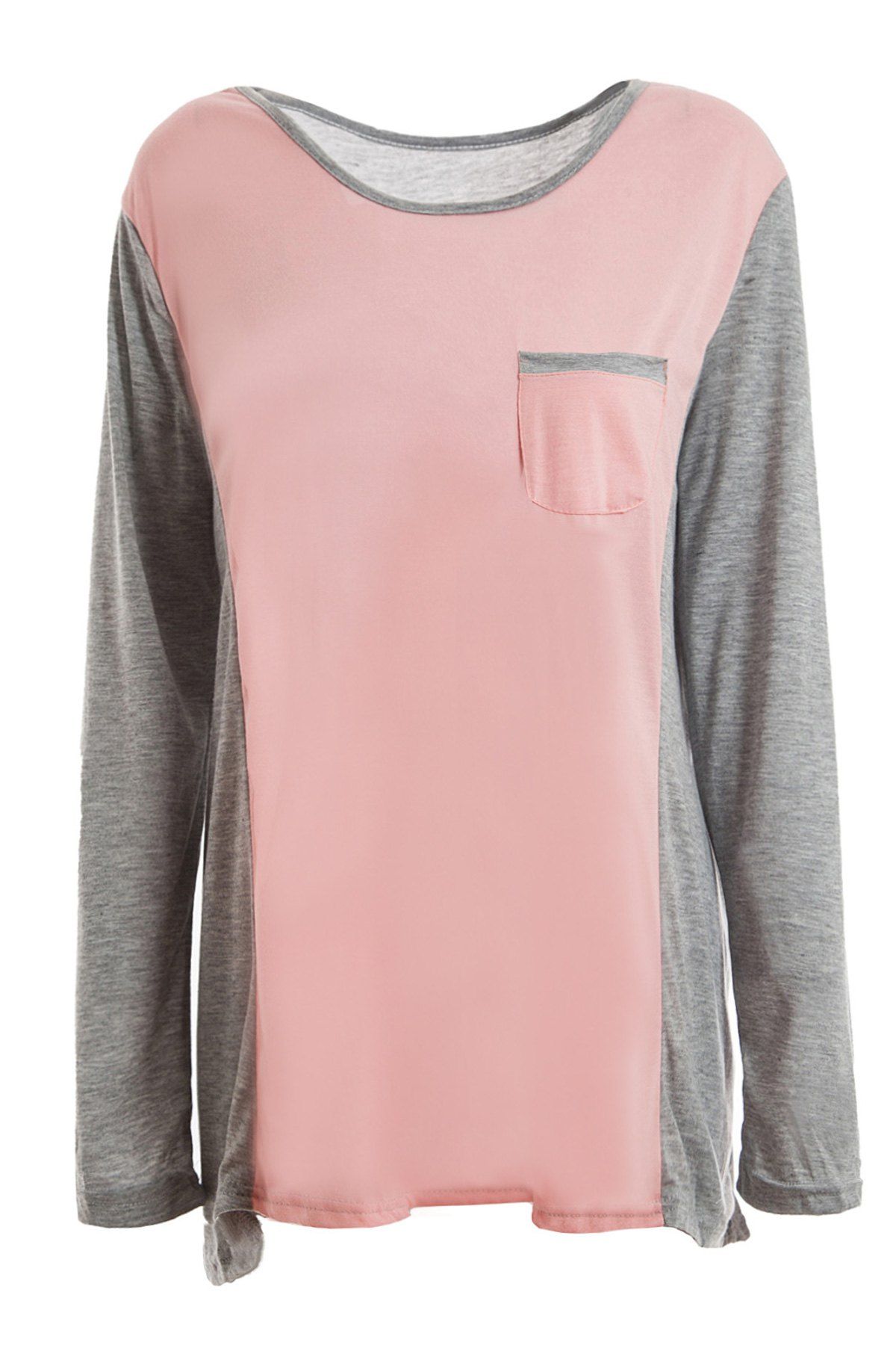 

Scoop Neck Color Splicing Long Sleeve Women's T-Shirt, Pink