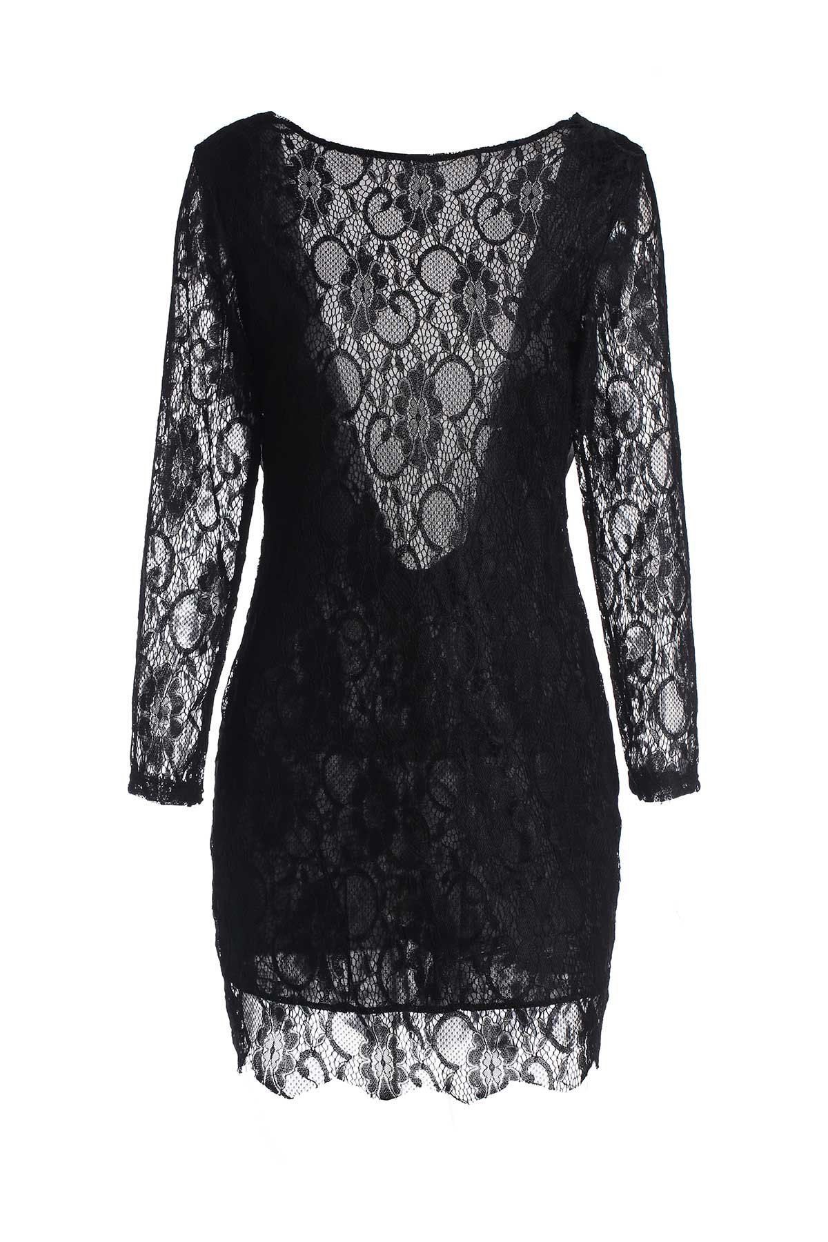 

Lace Long Sleeve Backless Short Bodycon Dress, Black