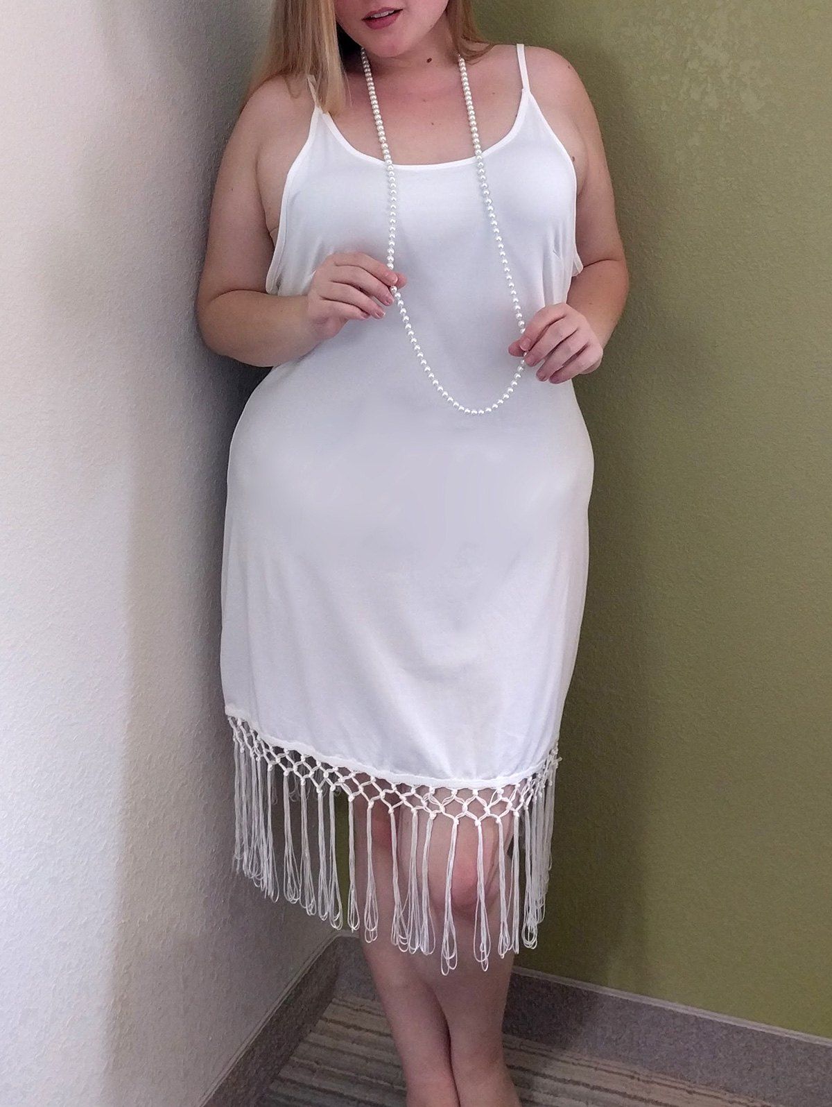 

Stylish Spaghetti Strap Plus Size Fringed Women's Tank Top, White