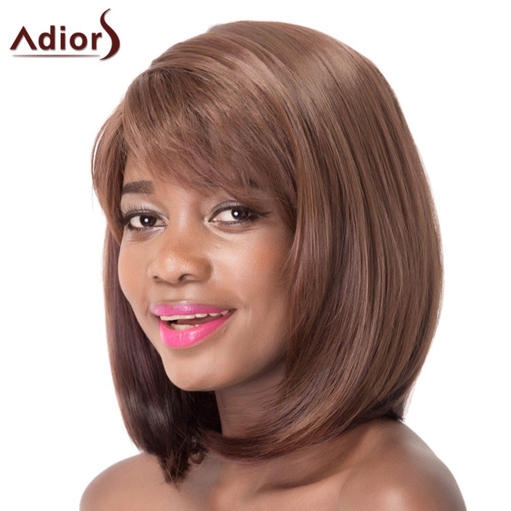 2019 Straight Side Bang Synthetic Brown Mixed Capless Wig For