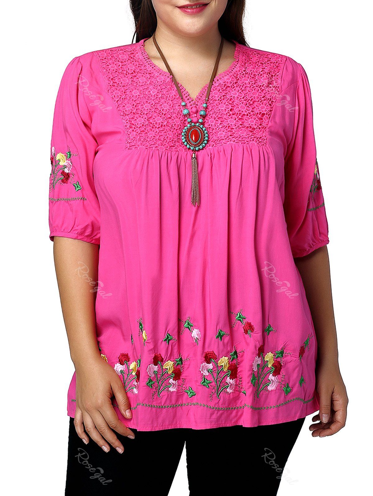 thumbnail image 2 of Vackutliv Mexican Embroidered Blouse - Women's Floral Tunic With Round Neck Short Sleeves 2 of 13