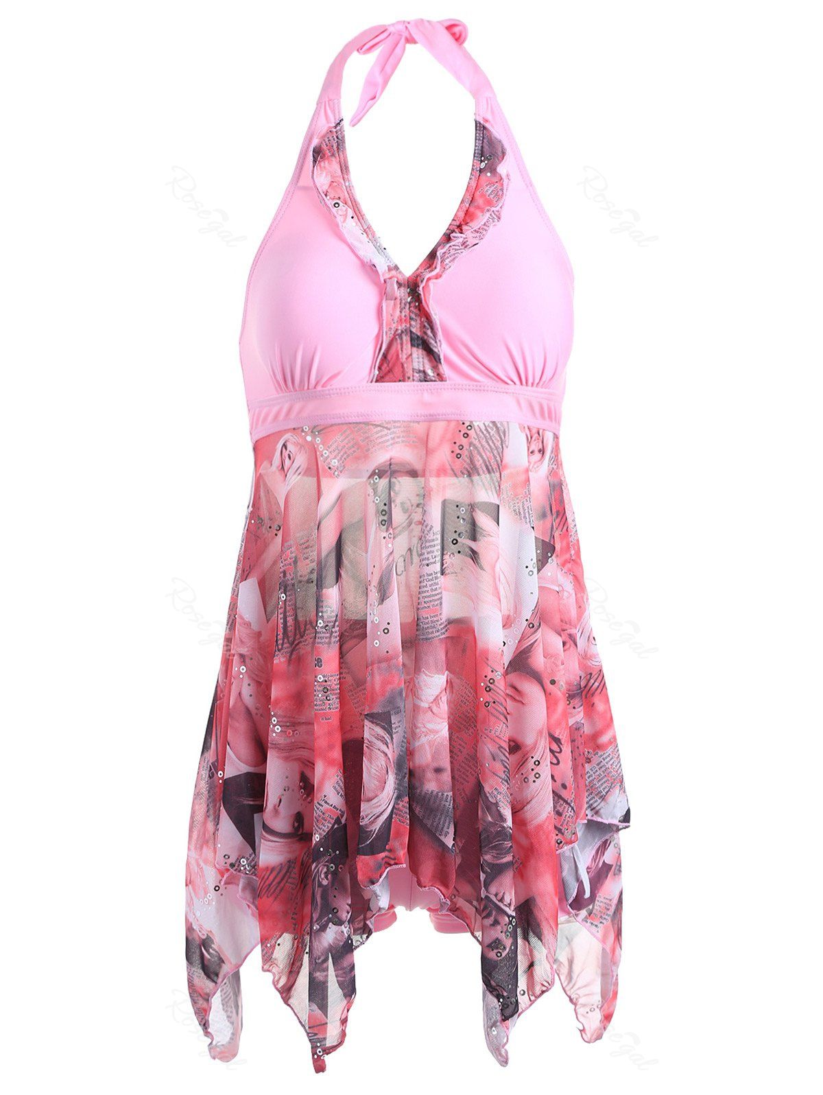 Pink M Stylish Plus Size Halter Printed High Low Women's One Piece ...