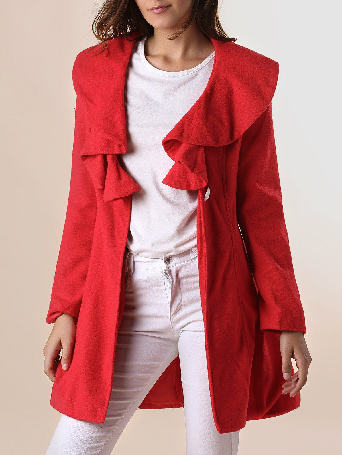 

Long Sleeves Ruffles Lapel Beam Waist Long Sections Stylish Women's Trench Coat, Red