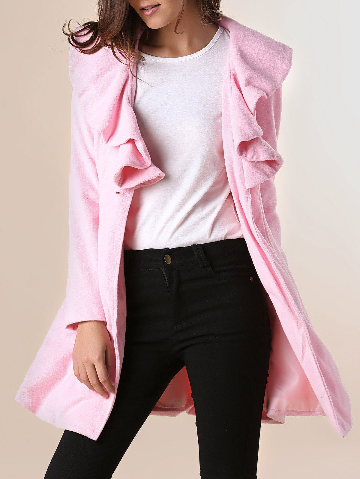 

Long Sleeves Ruffles Lapel Beam Waist Long Sections Stylish Women's Trench Coat, Pink