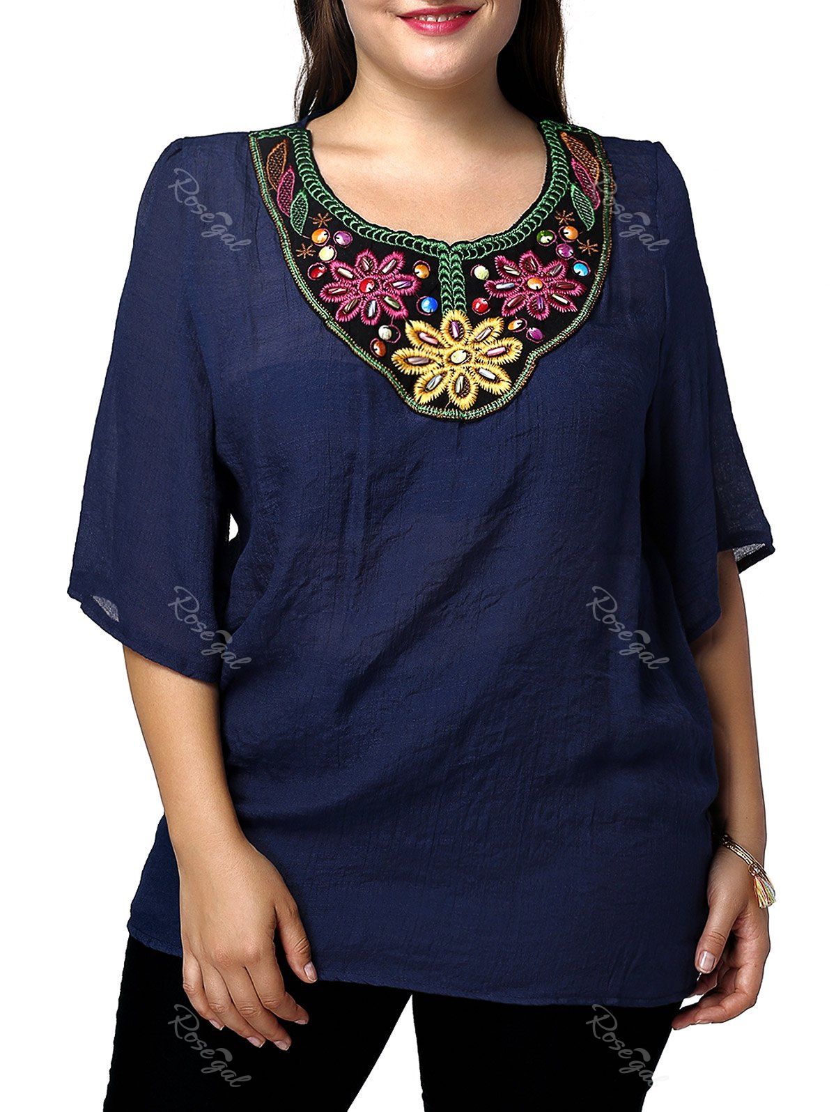 Affordable Casual Plus Size Flower Embroidered Spliced Women's Blouse  