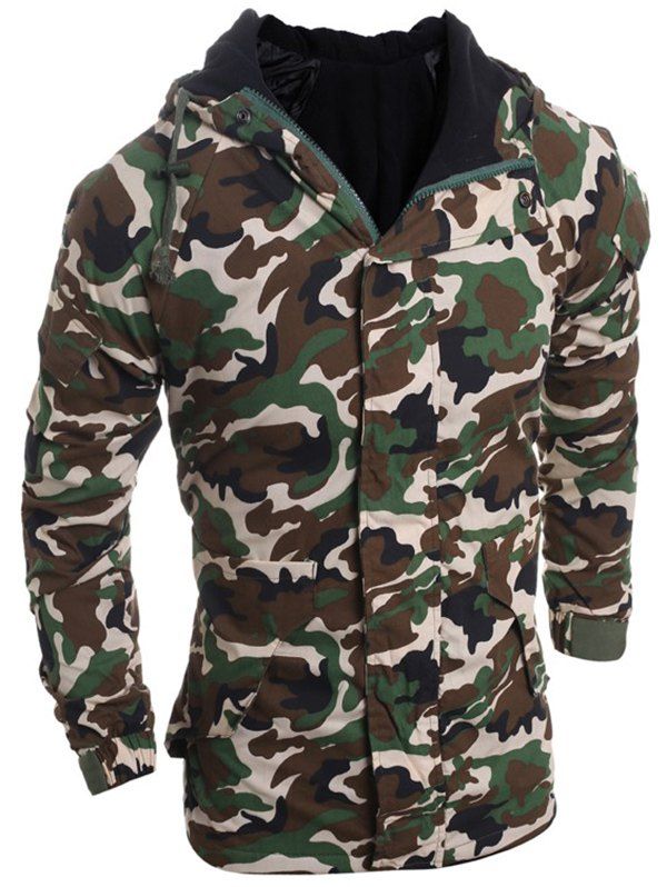 

Modish Loose Fit Hooded Multi-Pocket Camo Pattern Long Sleeve Thicken Cotton Blend Coat For Men, Army green
