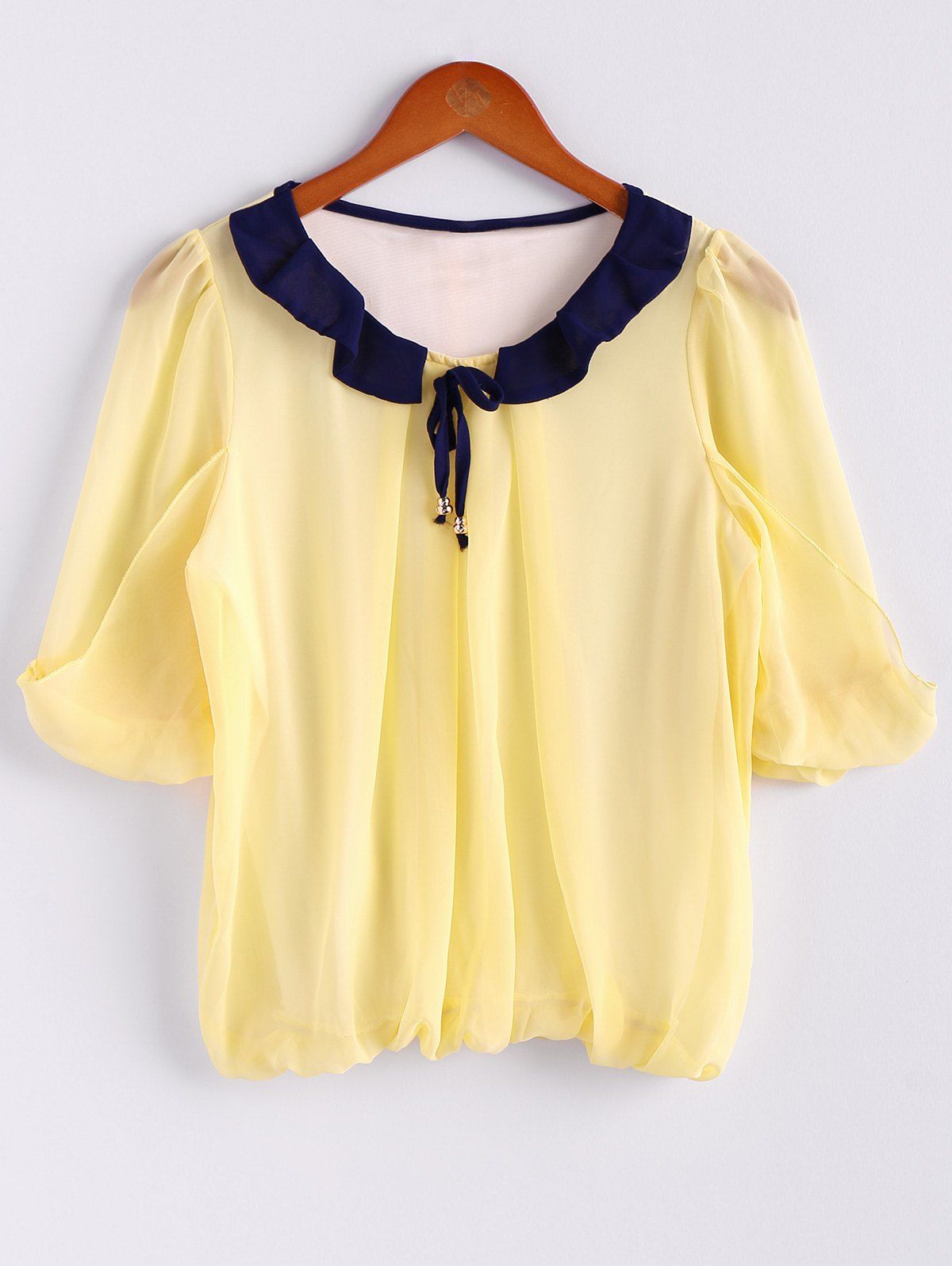 [37 OFF] Scoop Neck 3/4 Sleeves Chiffon Color Block Sweet Style Women