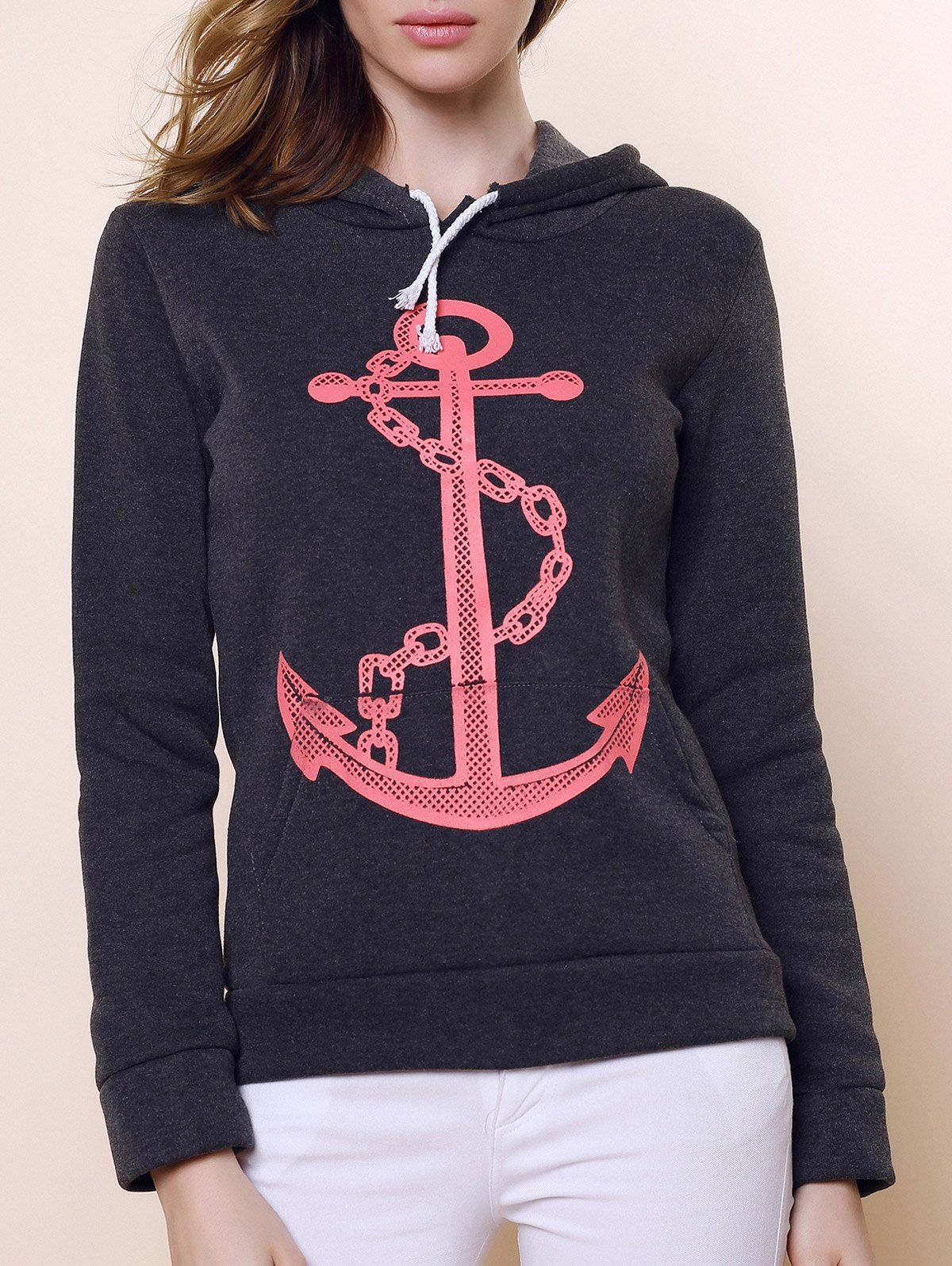 Black Grey Xl Casual Hooded Anchor Print Long Sleeve Hoodie For Women