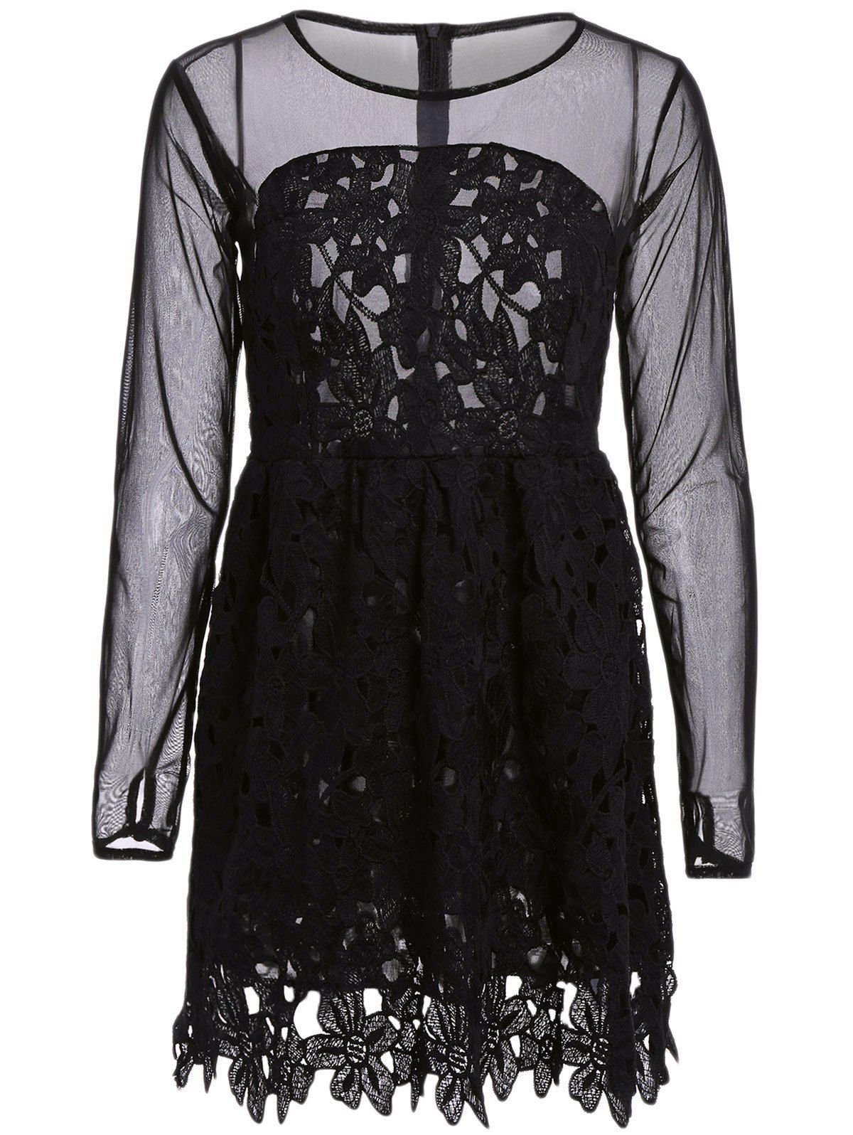 

Stylish Round Collar Lace Floral Embroidery Long Sleeve Women' Dress, Black