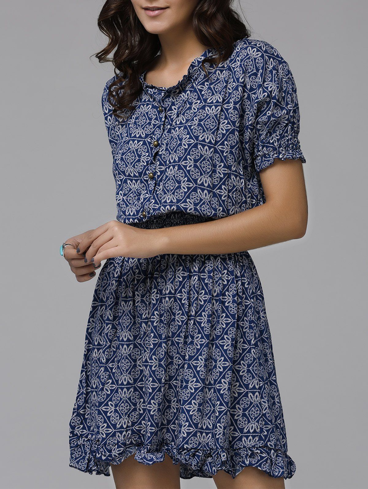 2018 Print Front Button Frilled Dress In Purplish Blue S | Rosegal.com