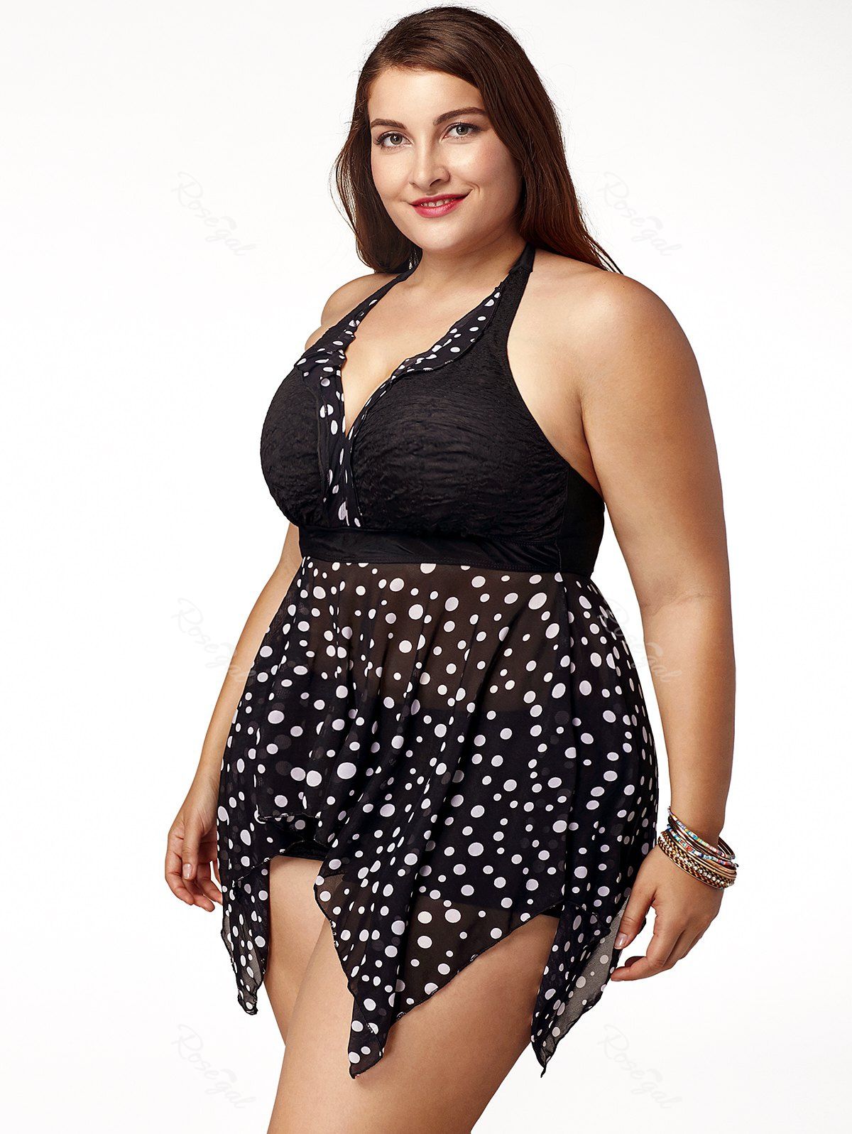 Black Xl Trendy Plus Size Halter Polka Dot Pattern Two Piece Swimsuit