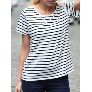 

Casual Cuffed Sleeve Striped Pullover T-Shirt For Women, Stripe