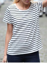 Casual Cuffed Sleeve Striped Pullover T-Shirt For Women -  