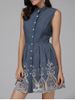 Stylish Stand Collar Sleeveless Embroidered Women's Denim Dress -  