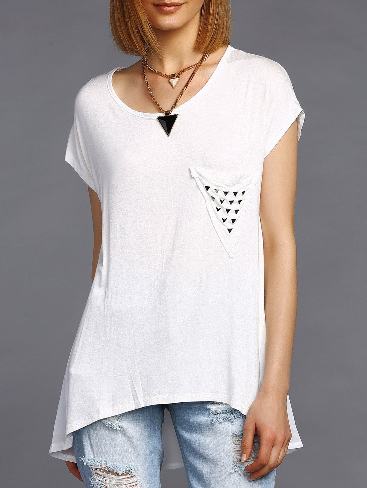 [35 OFF] Stylish Round Neck High Low Hem Stud Embellished Long TShirt