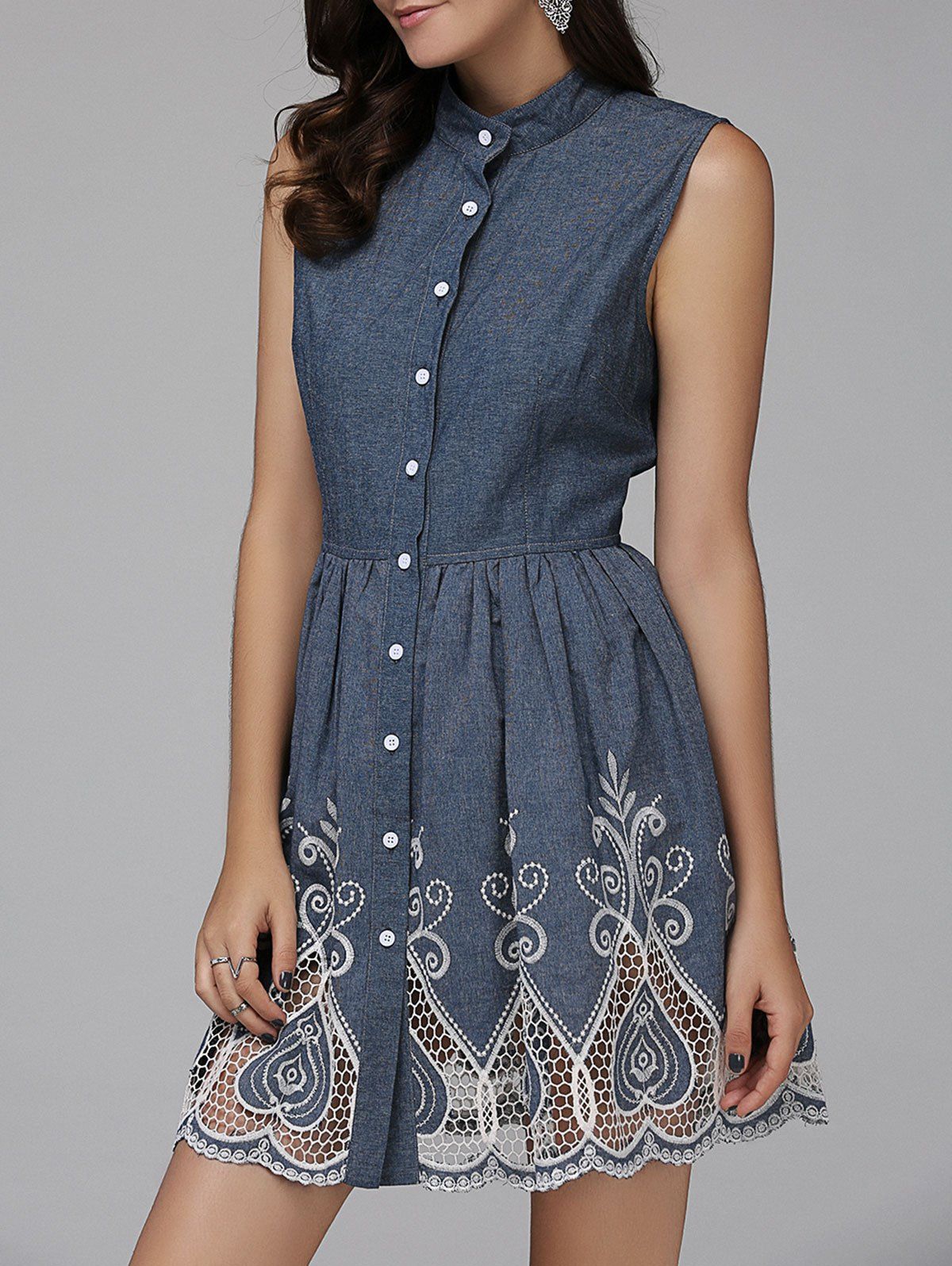 Fashion Stylish Stand Collar Sleeveless Embroidered Women's Denim Dress  