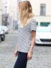 Casual Cuffed Sleeve Striped Pullover T-Shirt For Women -  