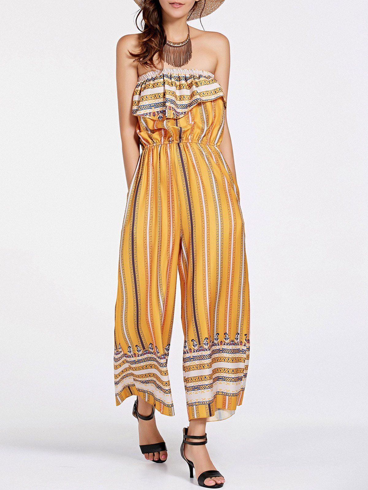 [55 OFF] Stylish Strapless Flounced Tribal Print Women's Jumpsuit Rosegal