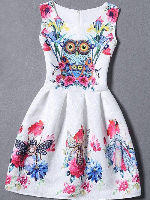 Buy Sleeveless Owl Floral Fit and  Flare Dress  