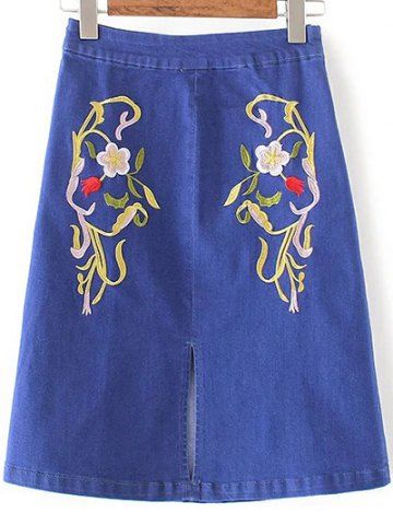 Online Fashion Floral Embroidery Slit Denim Skirt For Women  