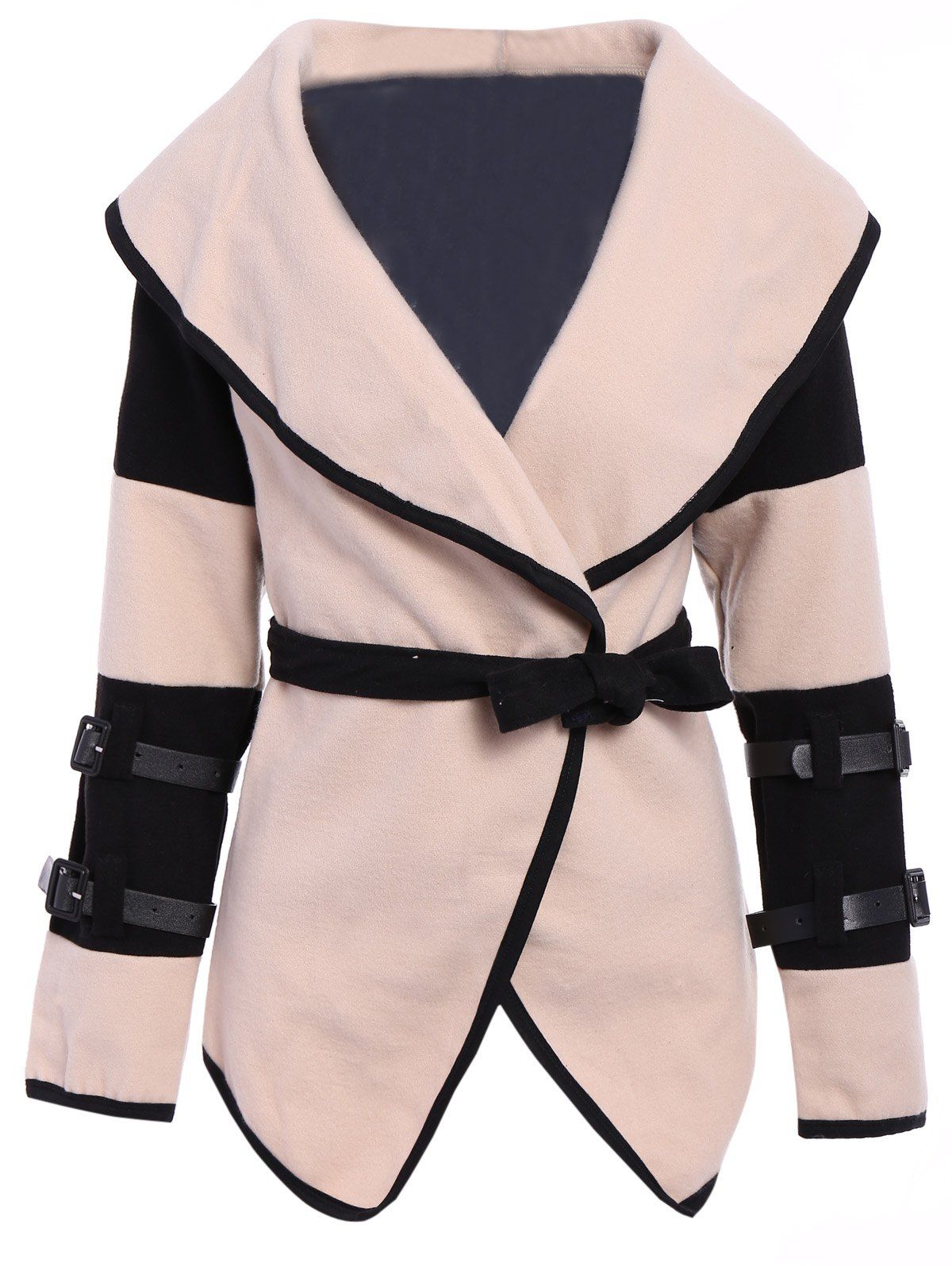 

Stylish Turn-Down Collar Color Block Long Sleeve Coat For Women, Apricot