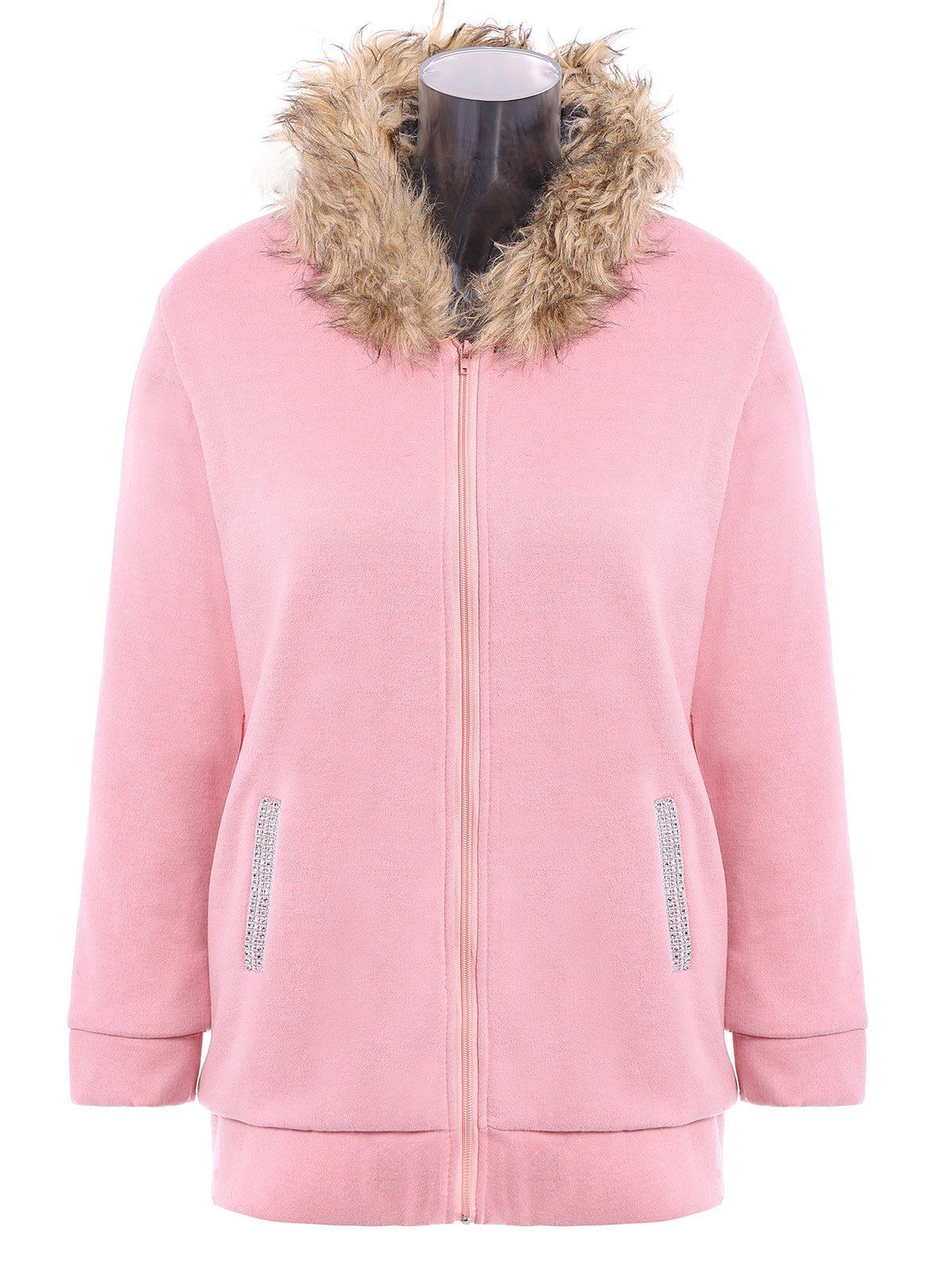 

Faux Fur Trim Hooded Zip Up Coat, Pink