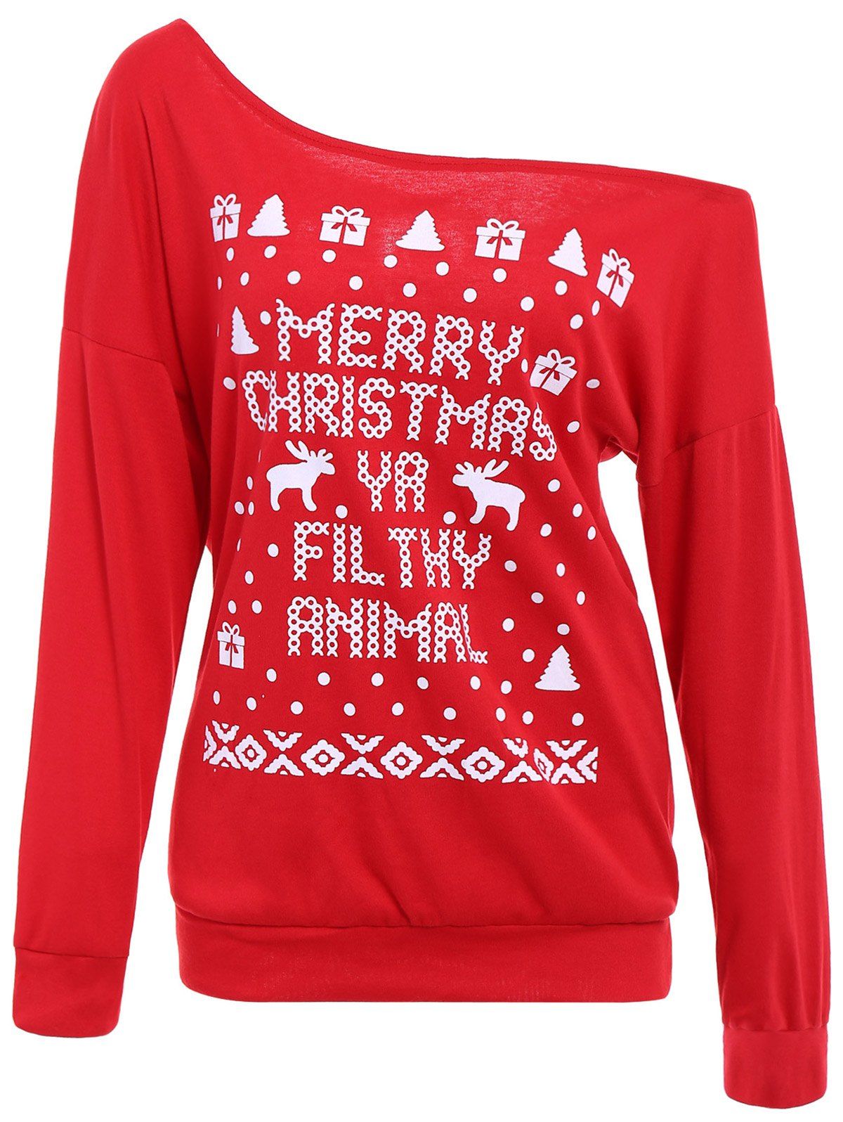 

Elk and Letter Printed Skew Neck Christmas Sweatshirt, Red