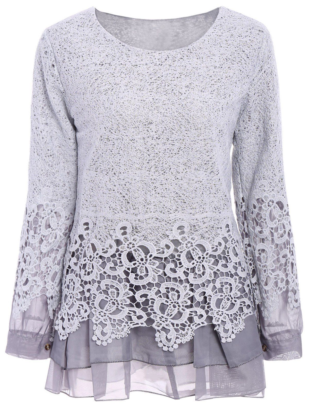[70% OFF] Chic Round Collar Long Sleeve Lace Spliced Women's Blouse ...