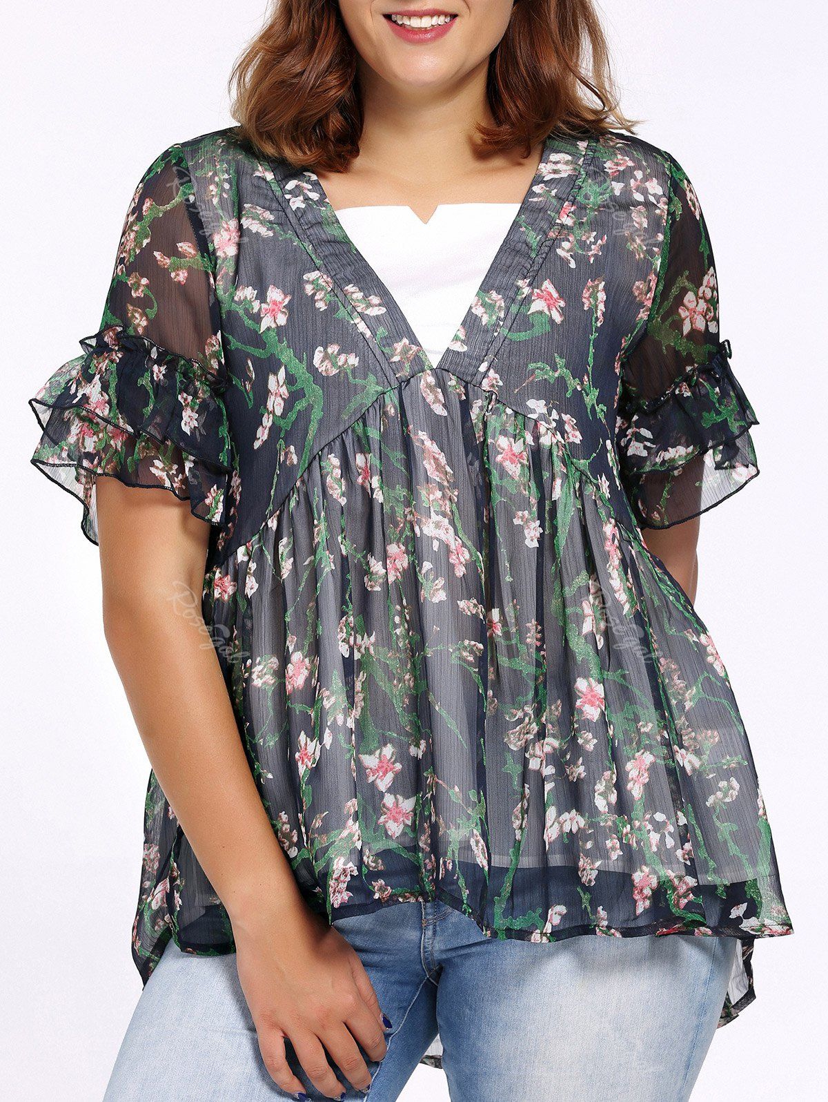 2019 plus size v neck floral print blouse