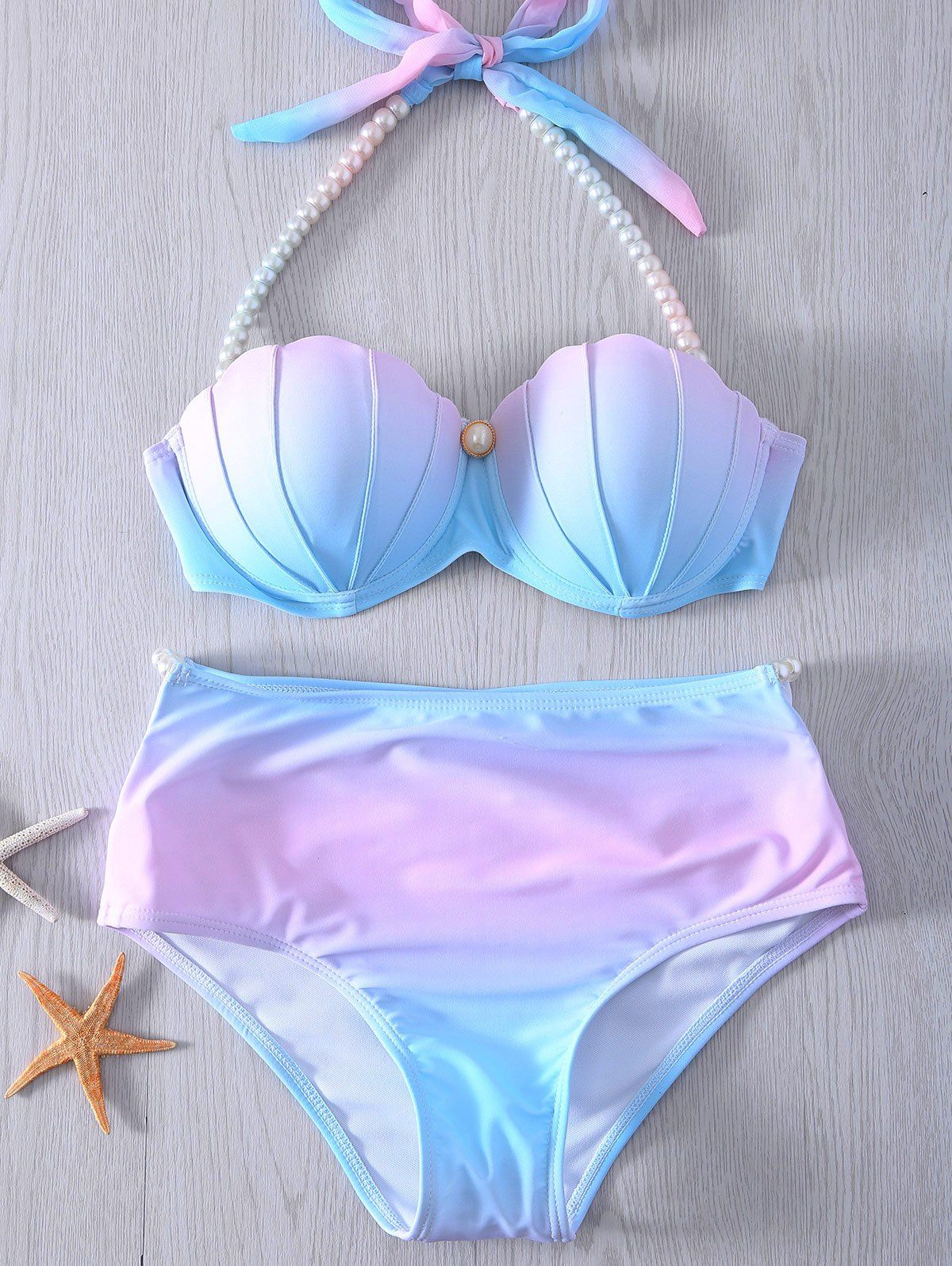[43% OFF] Halter Pearl Embellished Ombre Seashell Bikini Set | Rosegal