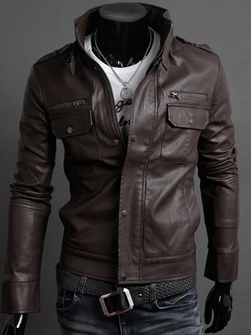 [19% OFF] Stand Collar PU-Leather Belt Embellished Epaulet Long Sleeve ...