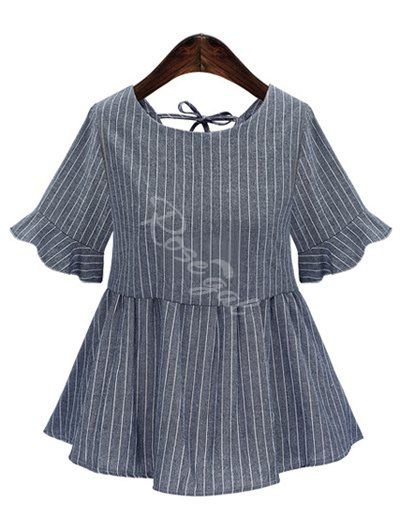 Gray 3xl Striped Back Lace-up Frilled Blouse | RoseGal.com