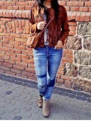 Chic Round Neck Long Sleeve Solid Color Fringed Women's Jacket -  