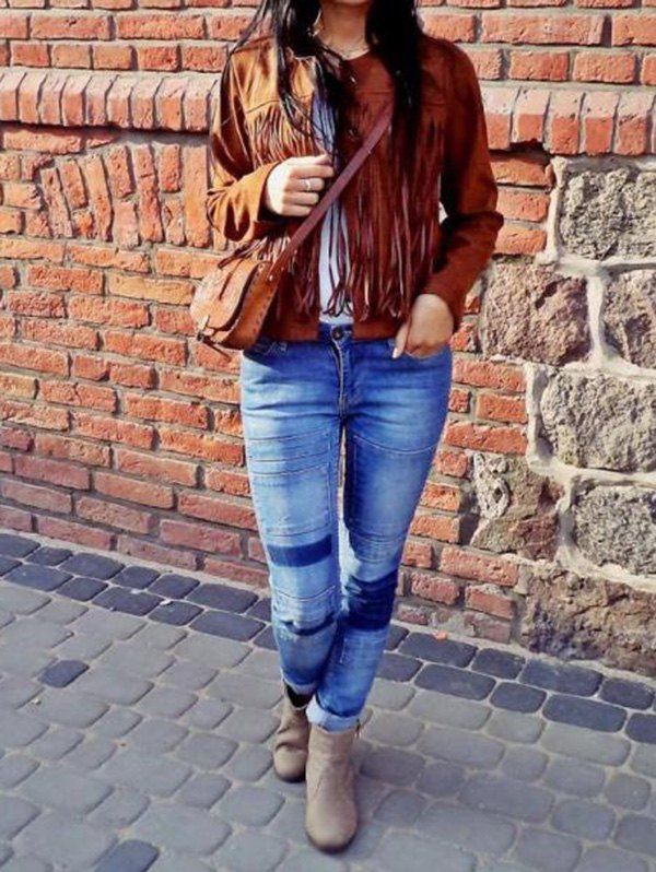 Cheap Chic Round Neck Long Sleeve Solid Color Fringed Women's Jacket  