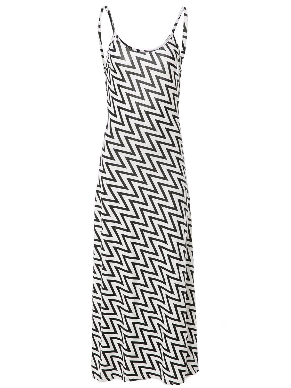

Sexy Scoop Neck Zig Zag Print Open Backless Sleeveless Maxi Dress For Women, White and black