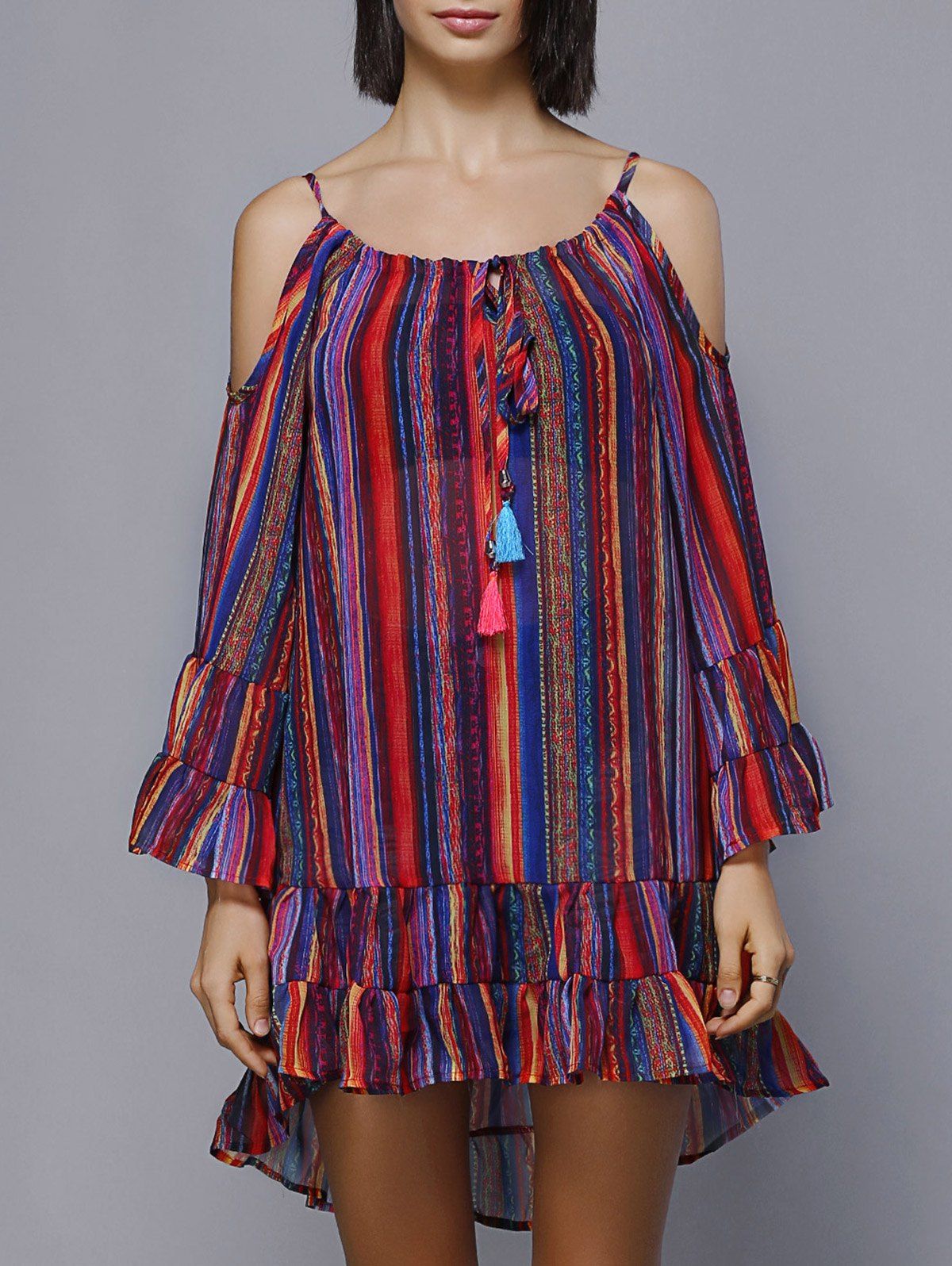 Shop Cold Shoulder Colorful Striped Flouncing Lace-Up Dress  