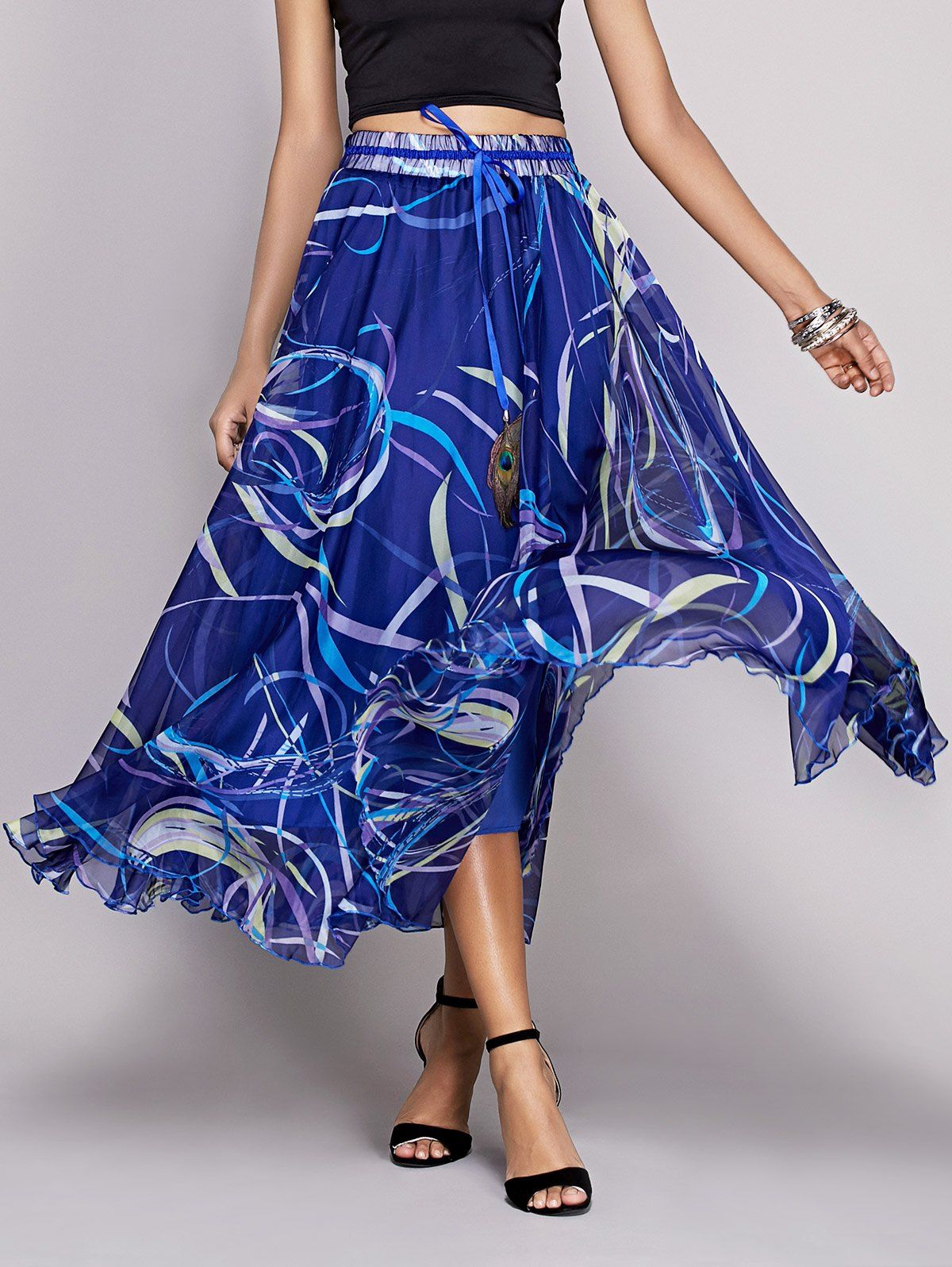 2018 Bohemian Graphic Chiffon Tea Length Skirt In Blue M