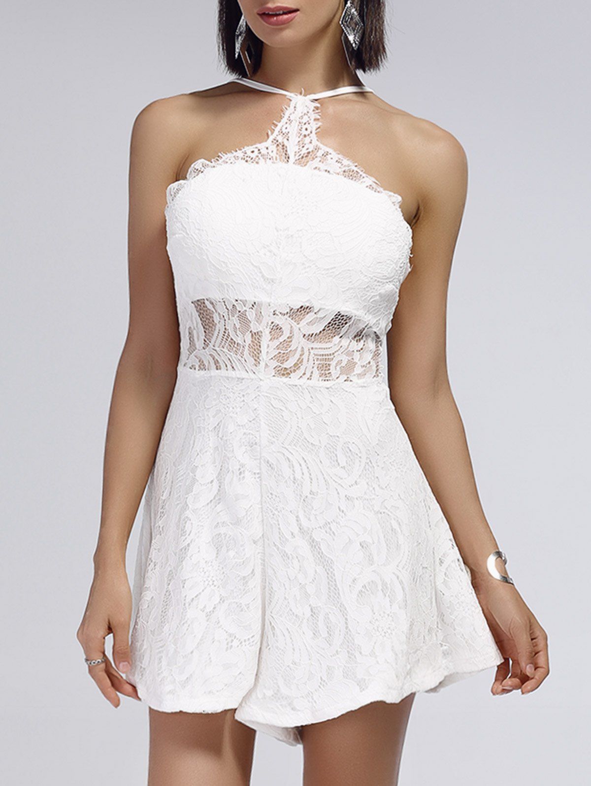 [39 OFF] Cut Out Backless Sheer Lace Romper Rosegal