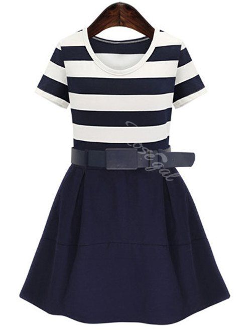

Plus Size Short Sleeve Striped Belt-Tie Women's Dress, Deep blue