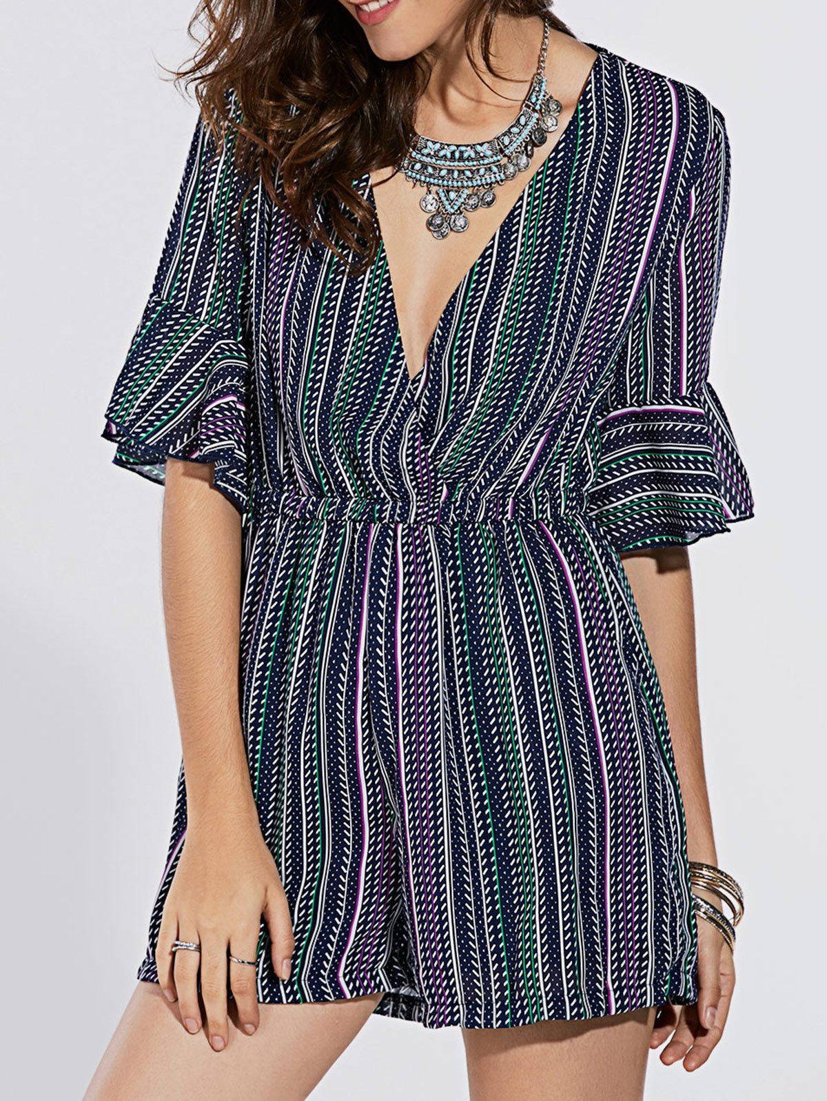 [39 OFF] Stylish Elastic Waist Ruffle Sleeves Wrap Front Romper For