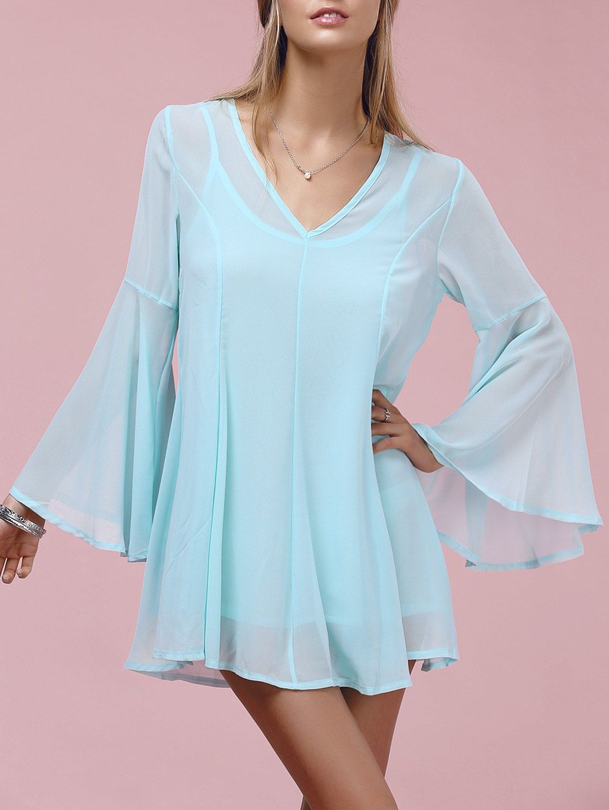 Blue Xl Stylish V Neck Bell Sleeve Chiffon Dress Twinset For Women