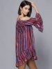 Cold Shoulder Colorful Striped Flouncing Lace-Up Dress -  