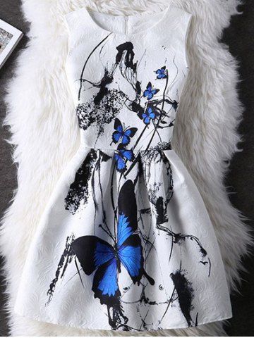 White Xl Graceful Butterfly Pattern High Waist Skater Dress | RoseGal.com