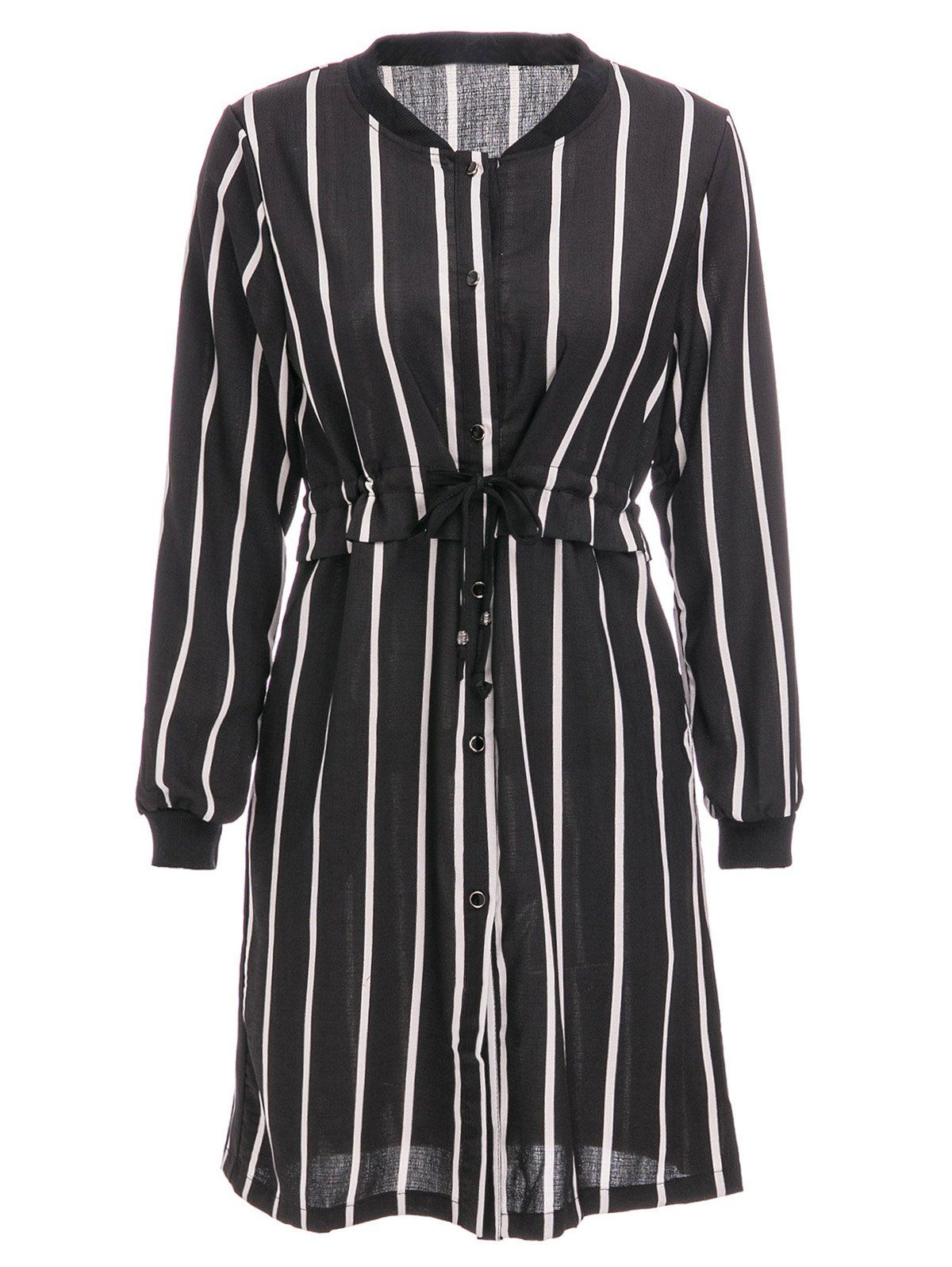 Trendy Vertical Stripe Long Sleeve Button Up Shirt Dress  