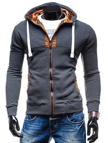 

Hooded Drawstring Long Sleeve Selvedge Embellished Men's Hoodie, Deep gray